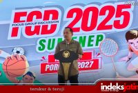 Rusydiyono, Ketua Dewan Pimpinan Cabang (DPC) Persatuan Wartawan Republik Indonesia (PWRI) Kabupaten Sumenep saat memberikan sambutan di FGD 2025 menuju Porprov 2027 di Pendopo Agung Keraton Sumenep (Foto: Rez Indeks Jatim)