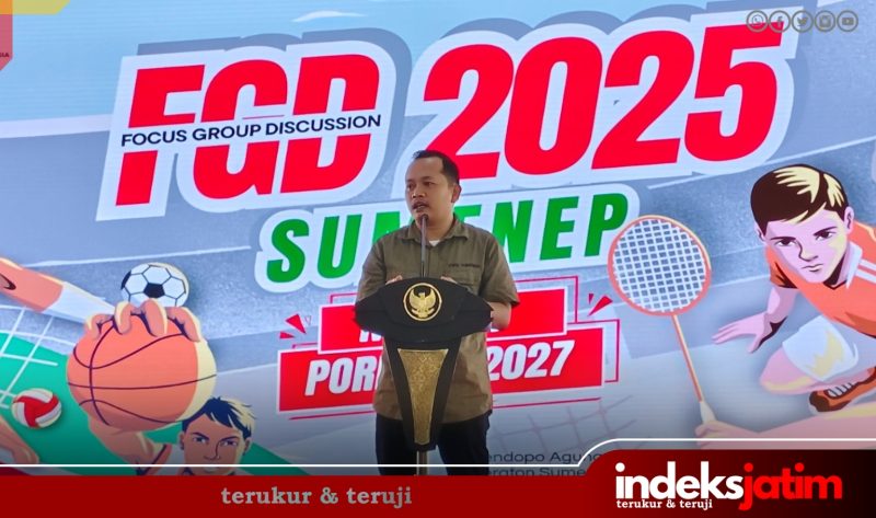 Rusydiyono, Ketua Dewan Pimpinan Cabang (DPC) Persatuan Wartawan Republik Indonesia (PWRI) Kabupaten Sumenep saat memberikan sambutan di FGD 2025 menuju Porprov 2027 di Pendopo Agung Keraton Sumenep (Foto: Rez Indeks Jatim)